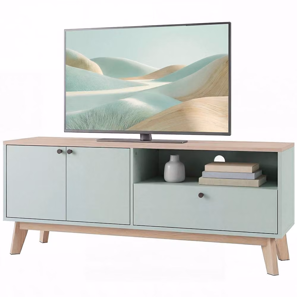 STILVORA Green MDF TV Stand with Adjustable Shelf, 2 Doors and Grommet – 4