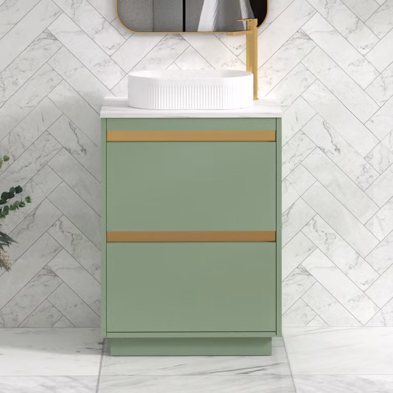 Royal Bathrooms Orion 800mm Mint Sage Floor Standing Countertop Vanity Unit with 2 Drawers, Lyon Basin and Brushed Brass Accent Trim