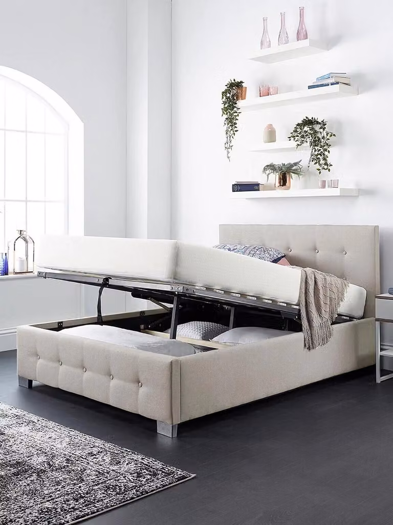 Aspire King Size Upholstered Linen Ottoman Bed in Beige, H 10d 215 cm x W 162 cm x D 180x200 cm