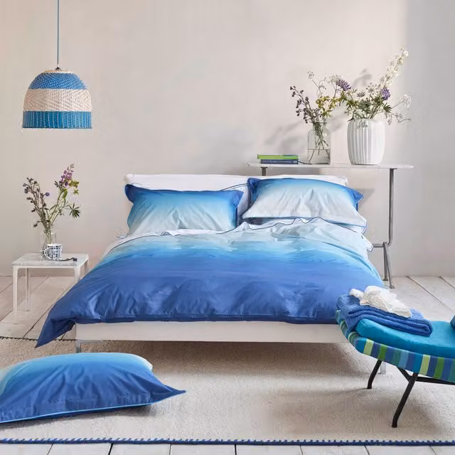 Designers Guild Savoie Graphic Cotton Percale Duvet Cover Bedding Set in Blue, Green and White