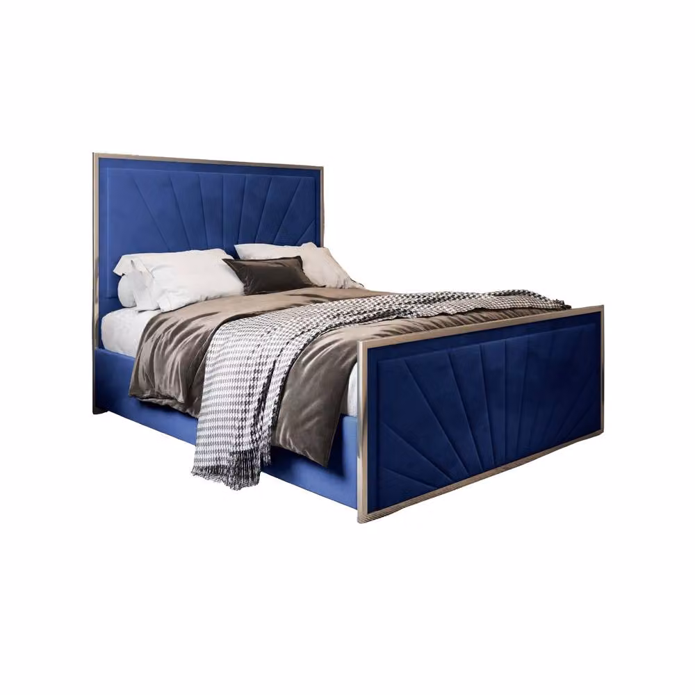 Casani Somerton King Size Upholstered Velvet Bed Frame in Blue with Metal Details, W/D/H: 180 x 200 cm – 3