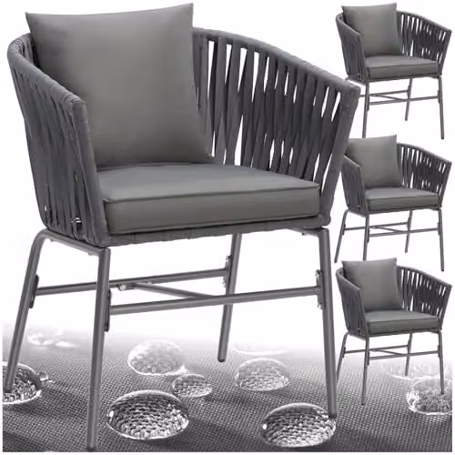 tectake Set of 4 Modern Rope Design Garden Chairs with Thick Cushions and Water-Repellent Covers in Dark Grey – 1