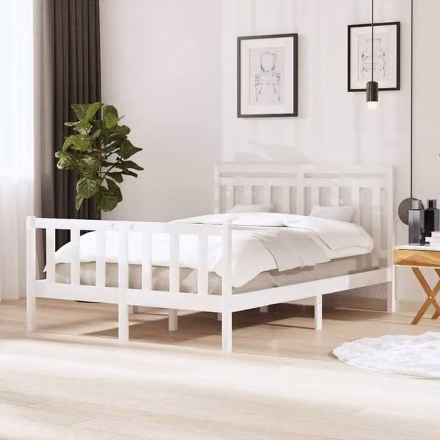 Berkfield Home White Solid Pine Wood Bed Frame W: 140 cm, D: 190 cm