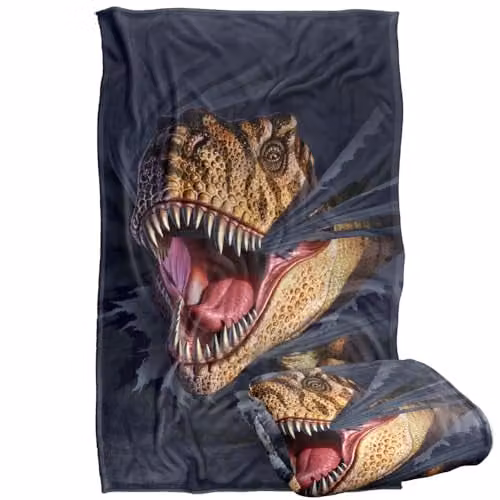 JQ Licensing Jlo T-Rex Ripping Dinosaur Super Soft Silky Touch Fleece Throw Blanket, Multicolour, W/D/H: 91 x 147 cm – 1