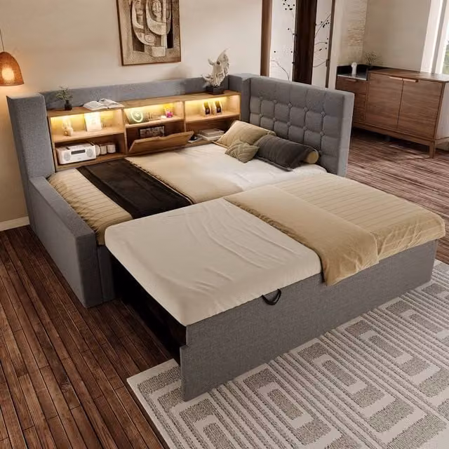 Merax Upholstered Single Daybed in Grey with USB Charging Port, Under-Bed Lighting and Side Compartments, W/D/H: 90 x 190 cm – 1