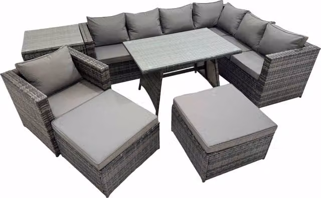 Fimous Modern Rattan Patio Furniture Set in Dark Grey with Dining Table, Chairs, 2 Big Stools and Side Table