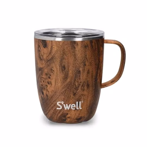 S'well Teakwood Vacuum Insulated Stainless Steel Travel Mug with Handle and Slide-Open Lid, Brown, 350ml – 1