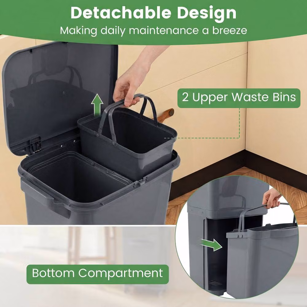 Costway Rolling Pedal Trash Can with 2 Removable Plastic Bins in Grey – 7