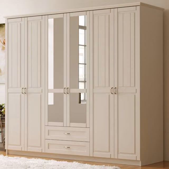 EVUHOME Charlotte 6 Door 2 Drawer Mirrored Wardrobe in White, H 210 cm x W 184 cm x D 52 cm
