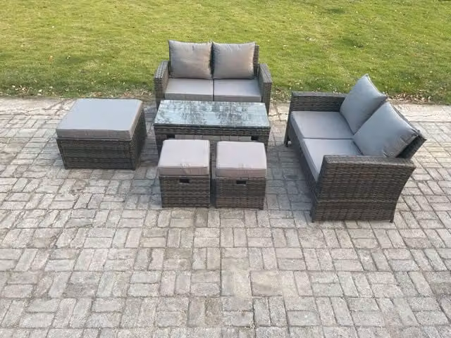 Fimous 7 Seater Rattan Garden Furniture Set with High Back Sofas, Coffee Table and 3 Footstools in Dark Grey Mixed