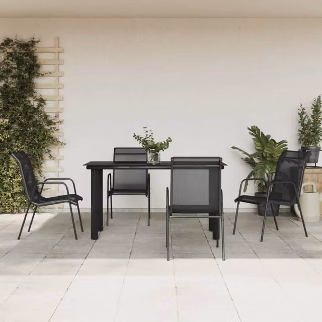 Berkfield Home 5 Piece Garden Dining Set in Black Matt Powder Coated Steel and Textilene with Glass Tabletop – 1