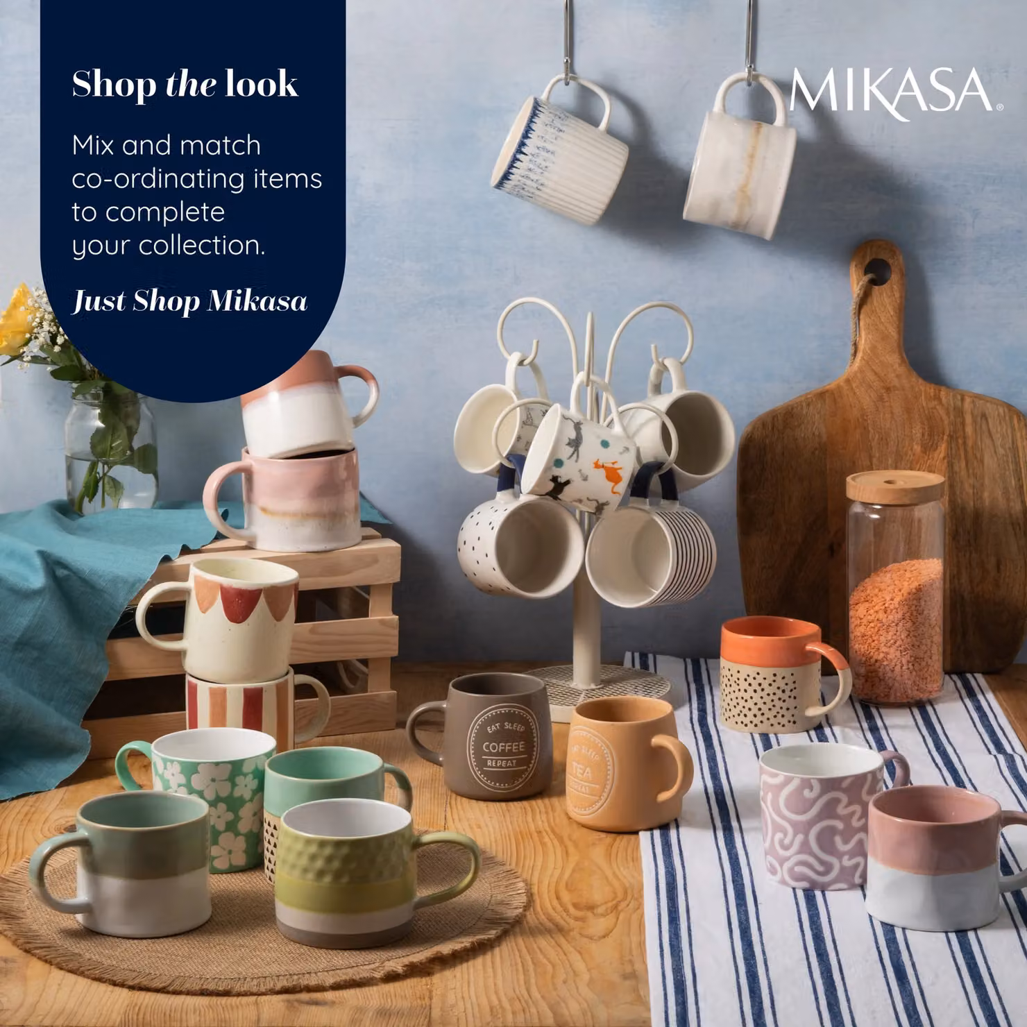 Mikasa Eat Sleep Coffee Repeat Stoneware Mug, 400ml, Brown and Grey – 8