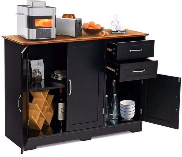Kelvenix Modern Black Kitchen Storage Cabinet with Shelving