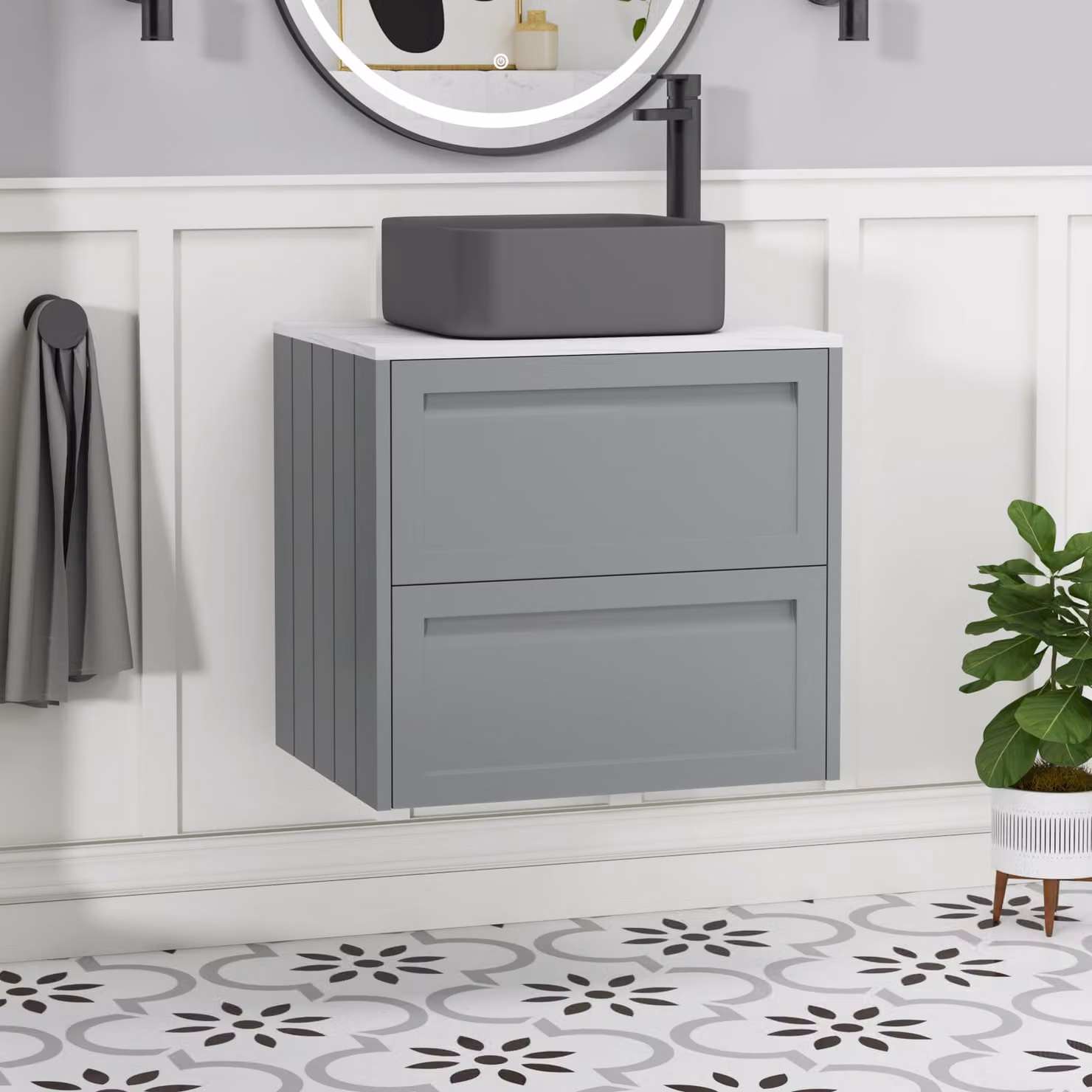 Royal Bathrooms Elmore 600mm Matt Pebble Grey Wall Hung 2 Drawer Vanity Unit with Art Square Basin