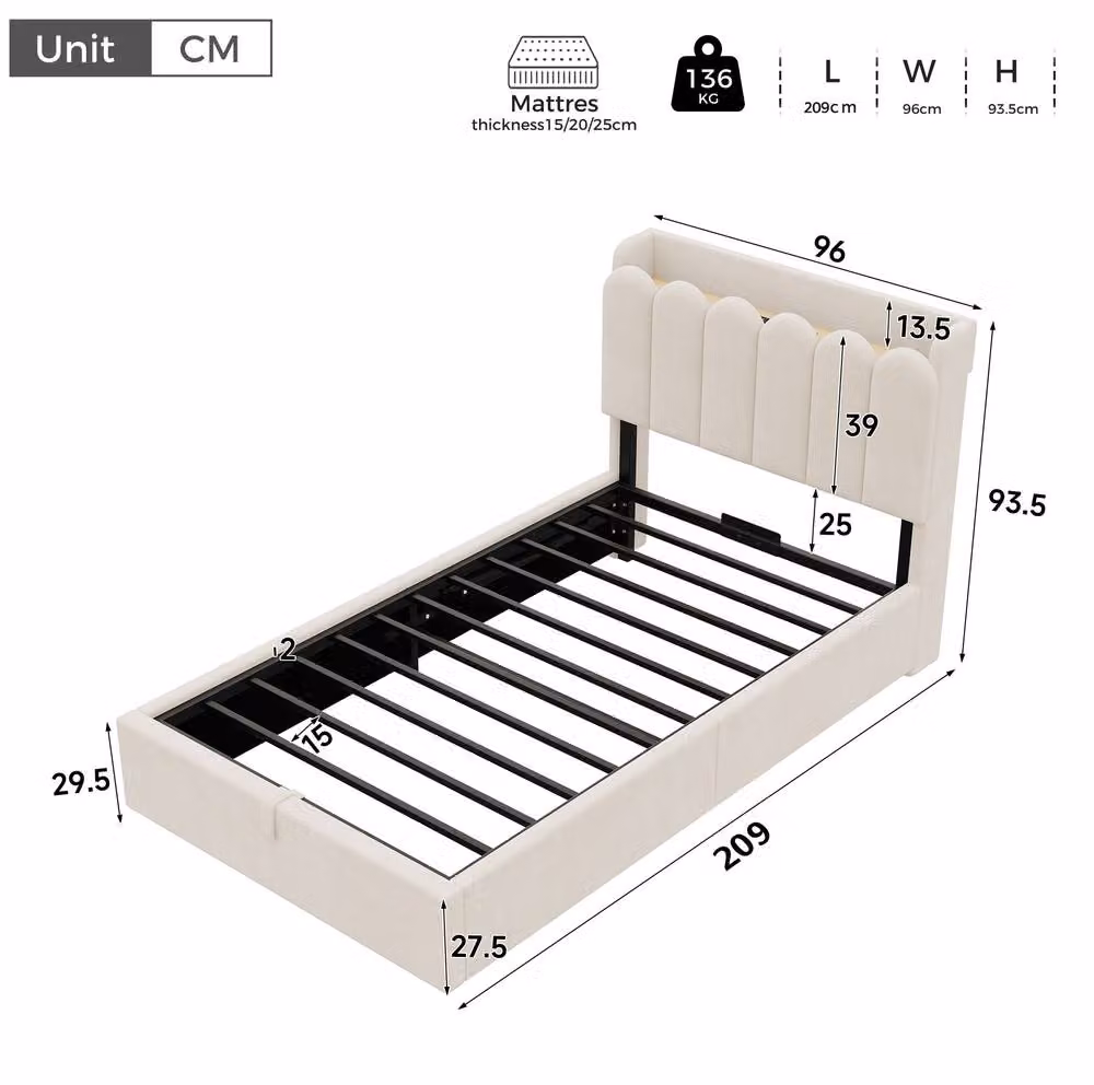 STILVORA Single Ottoman Bed Frame with Storage, USB Charging Port, LED Lighting and Bedside Shelf, Beige Velvet Fabric, W/D/H: 90 x 190 x 91.44 cm – 3