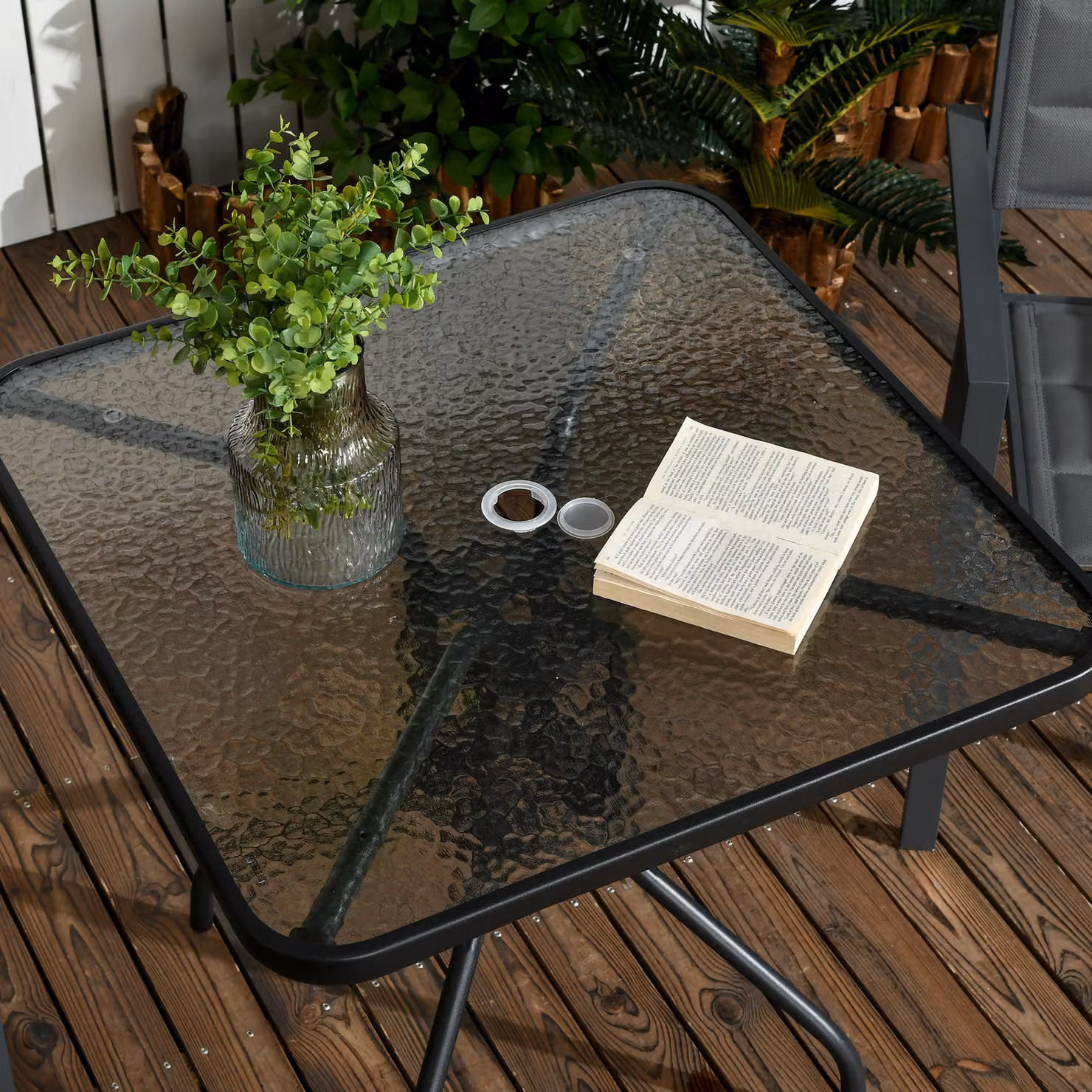 Outsunny Modern Square Bistro Patio Table with Matt Black Powder Coated Steel Frame and Tempered Glass Top featuring Umbrella Hole – 5