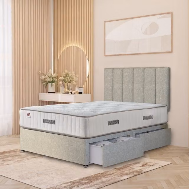 Somnior Beds Ltd Austin Hybrid Orthopaedic Divan Bed with Drawers and Upholstered Frame, Green and Yellow, W/D/H: 140 x 200 cm