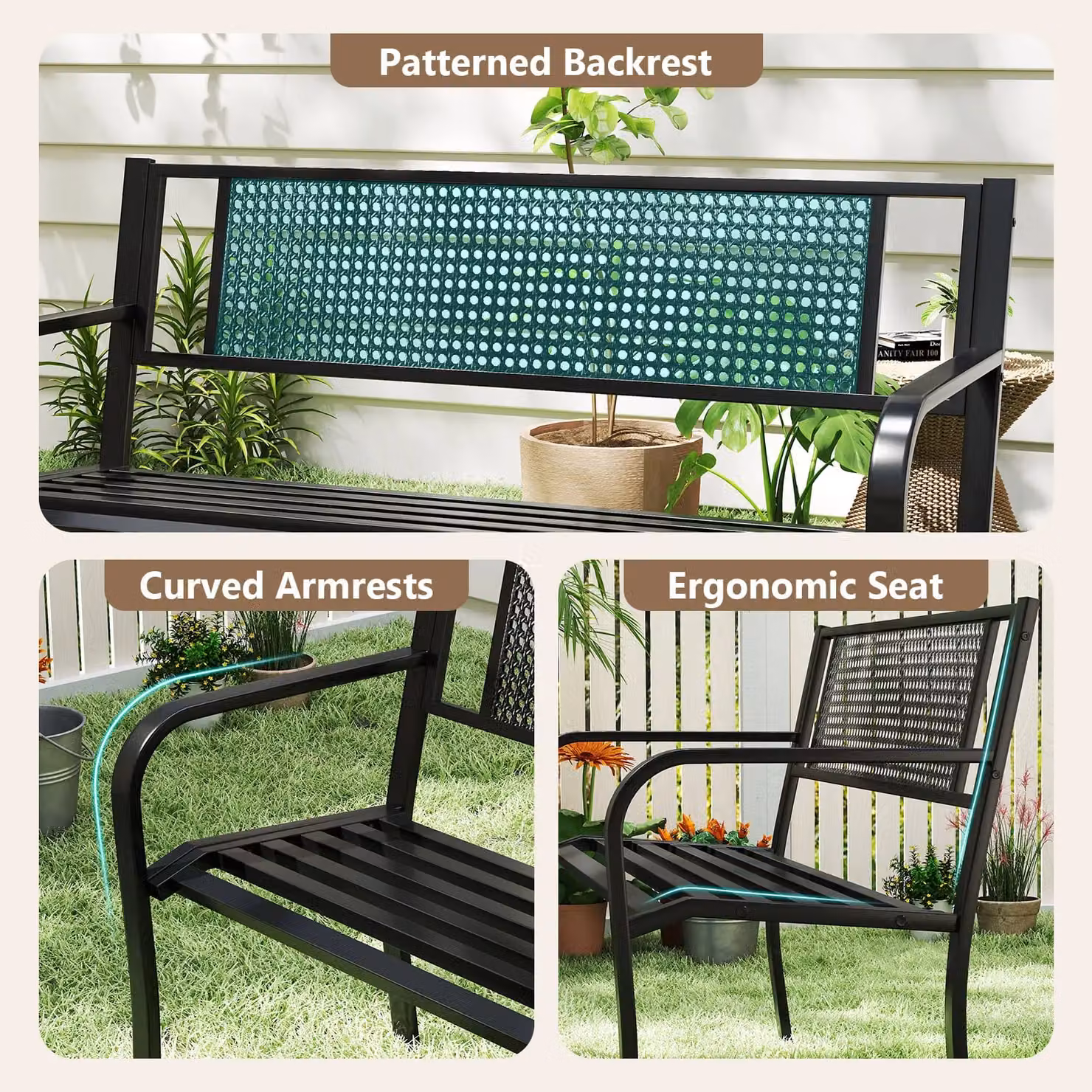 Gymax Black Metal Garden Bench with Geometric Patterned Backrest and Armrests, Width: 127 cm – 6