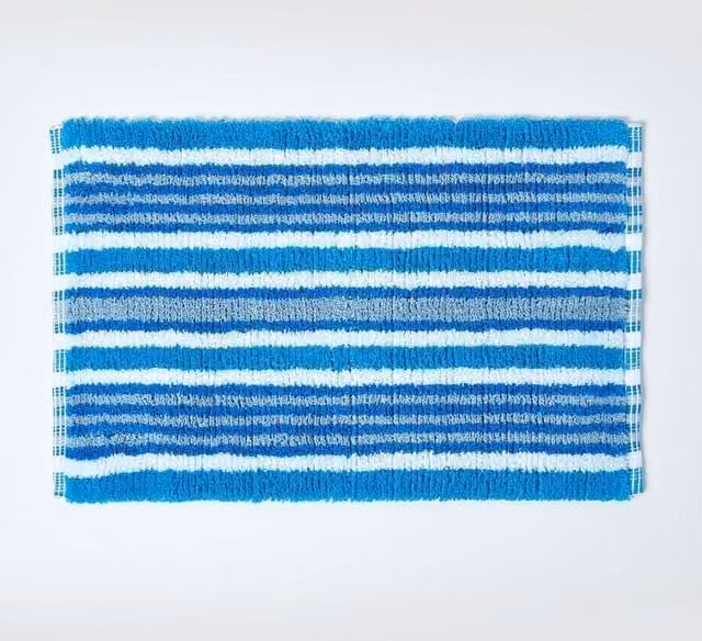 Homescapes Blue and White Striped Cotton Bath Mat, W/D/H: 60 x 40 x 0.3 cm – 1