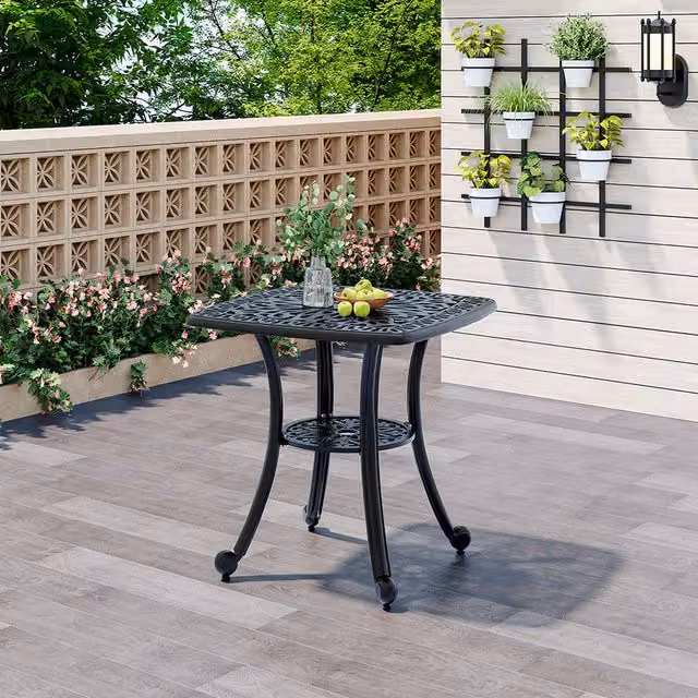 Breeins Double Layer Cast Aluminum Garden Coffee Table in Matt Black with Floral Vintage Design, Diameter: 62.5 cm