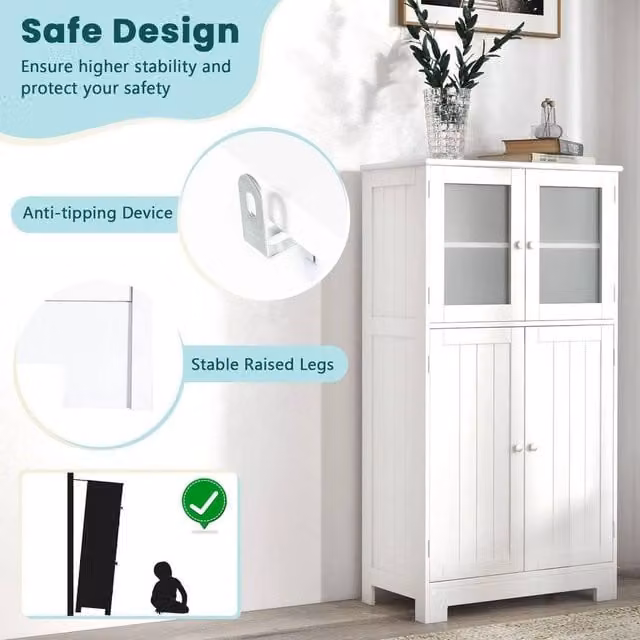 KORVIXA Freestanding 4-Door Bathroom Floor Storage Cabinet in White with Glass Doors, W: 60 cm, H: 60 cm – 1