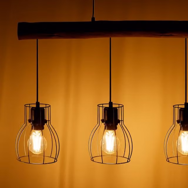 tectake Rustic Wood and Black Metal Suspended Pendant Light with 4x E27 LED Bulbs, Height Adjustable
