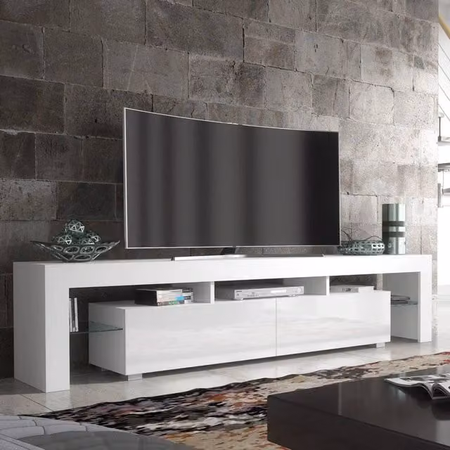 Mex Furniture Modern White Glossy Wood and Glass TV Unit Sideboard