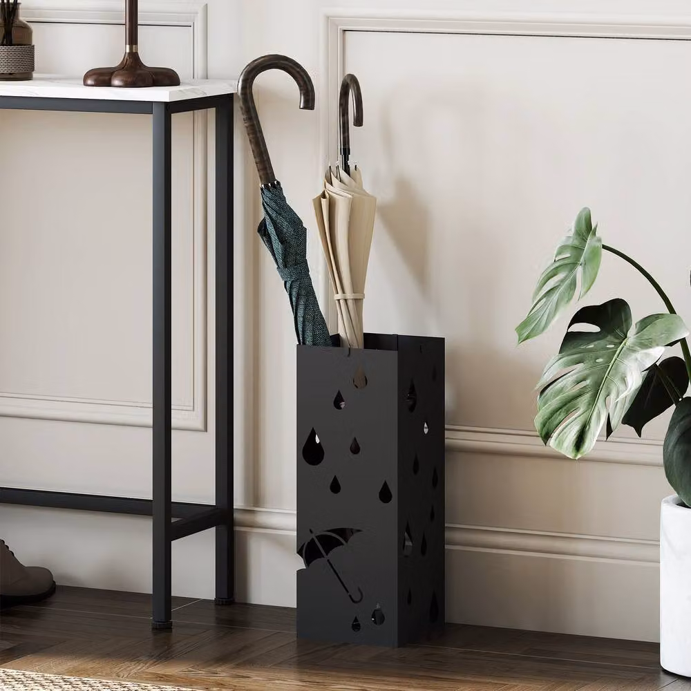 STILVORA Black Metal Umbrella Stand with 4 Hooks and Removable Tray – 3