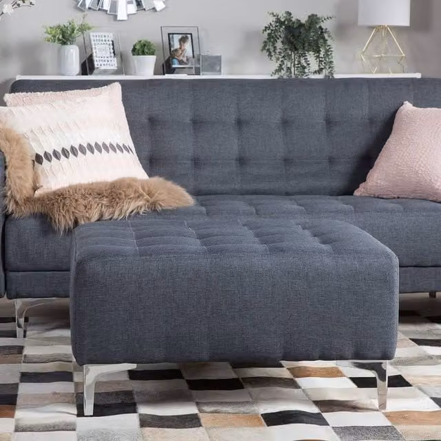 Wyld and Coco Square Tufted Ottoman in Grey with Silver Metal Legs, W/D/H: 80 x 36 x 36 cm