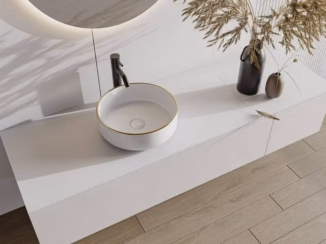Vente-unique Round Ceramic Countertop Sink in White with Gold Edging, Diameter: 36 cm