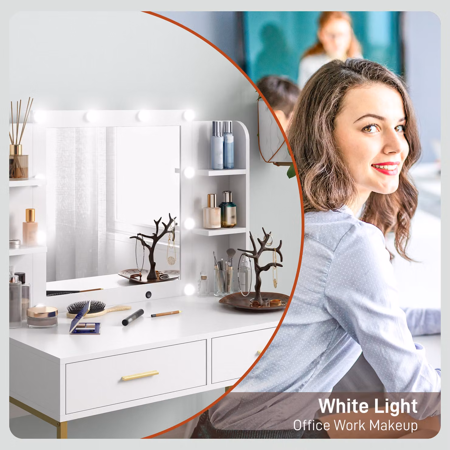 HOMCOM Modern White Makeup Vanity Desk Set with LED Hollywood Mirror, Cushioned Stool, Drawers and Shelves – 3