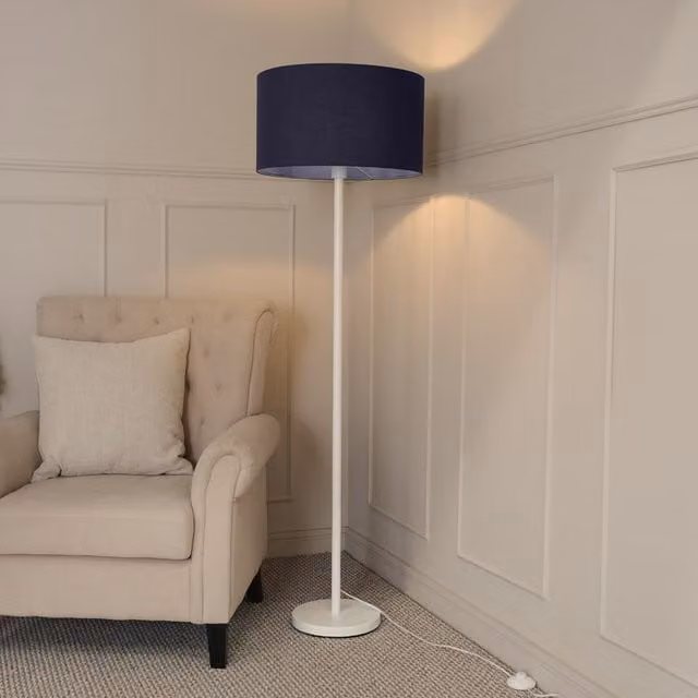 ValueLights Charlie White Single Stem Floor Lamp with Navy Blue Fabric Drum Shade and LED Bulb – 1