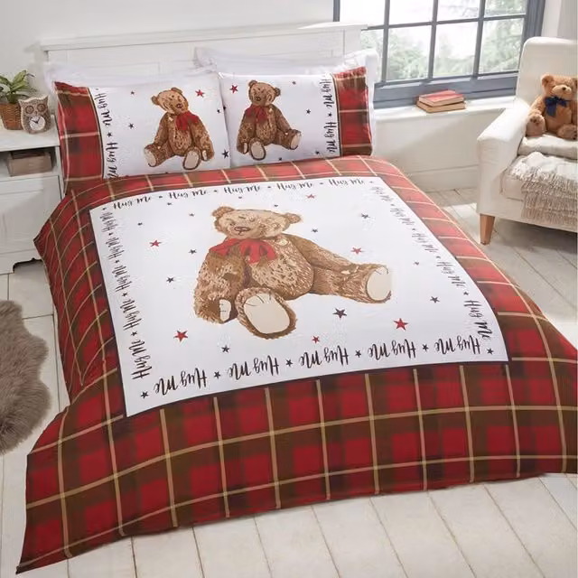 Hug Me Red Checked Animal Polycotton Duvet Set and Pillowcase, W/D/H: 135 x 200 cm and 50 x 75 cm