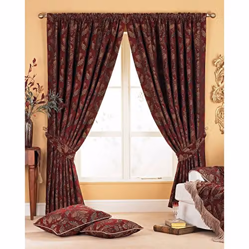 Paoletti Shiraz Floral Pencil Pleat Curtains, Red and Gold, W: 168 cm, H: 183 cm
