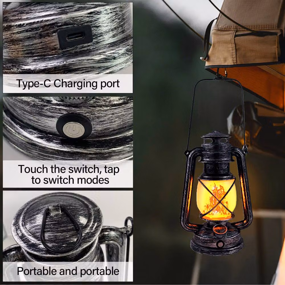 INMTFEI Vintage Rechargeable LED Camping Lantern with Dimmable Warm White Light in Silver and Bronze – 7