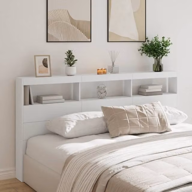 Berkfield Home Modern White Headboard Cabinet with Integrated LED Lighting, USB Charging Port and Bedside Shelf, W/D/H: 200 x 17 x 102 cm