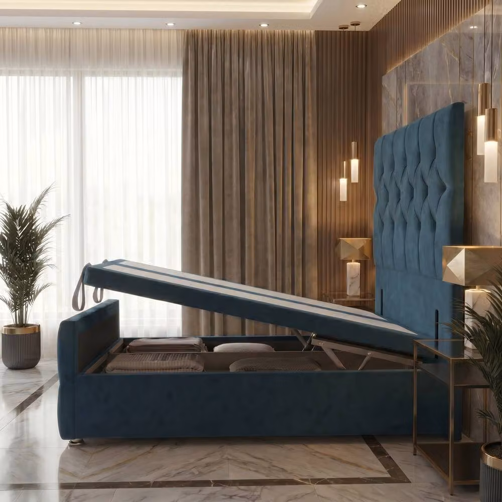 Somnior Ziggy Plush Storage Ottoman Divan Base with 54 inch Headboard and 22 inch Footboard, Navy Blue, W/D/H: 140 x 200 cm – 2