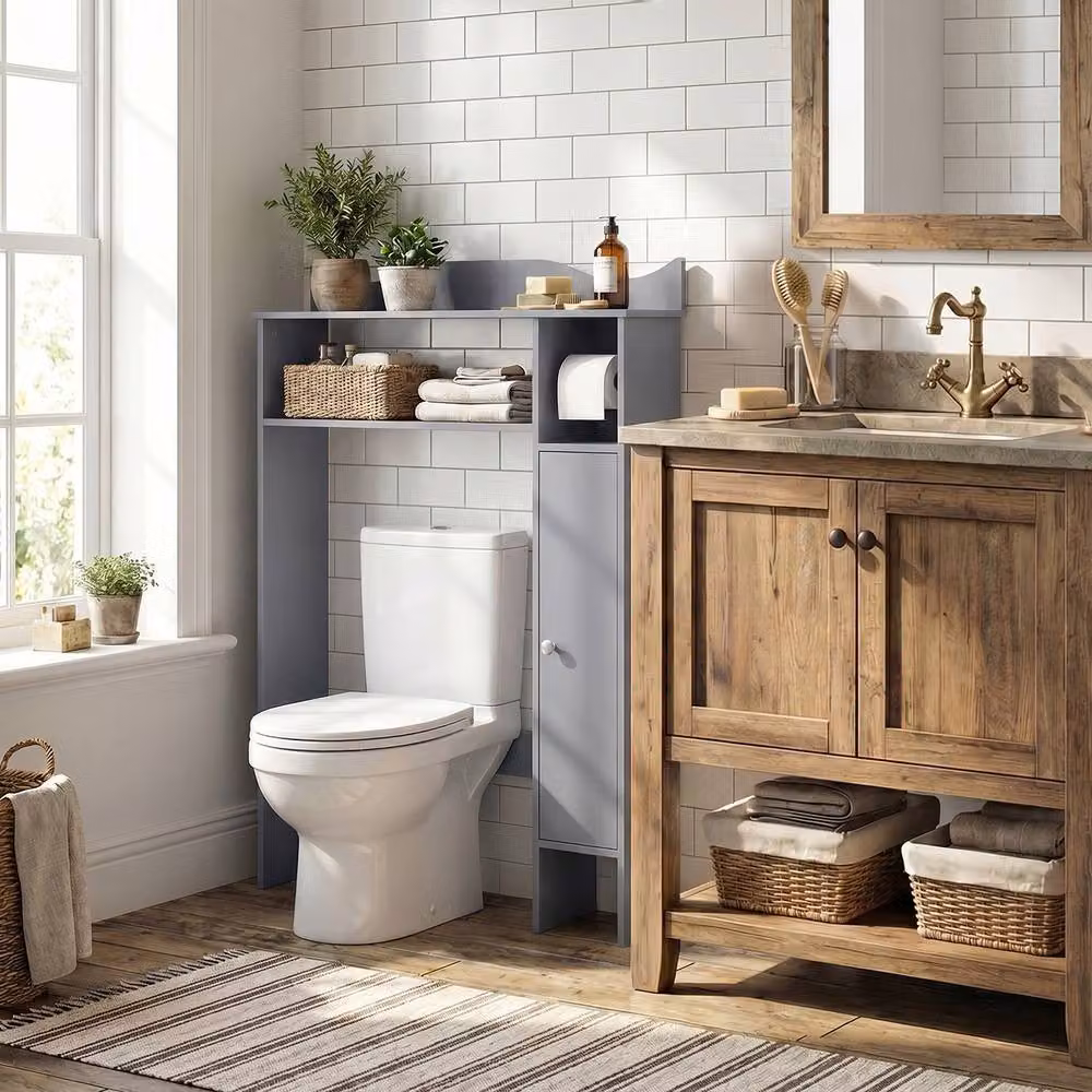 Costway Grey Over The Toilet Storage Cabinet with Hinged Doors and Toilet Paper Holder – 4