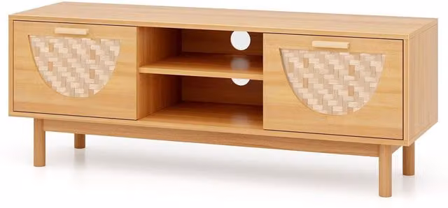 Costway Mid-Century Geometric TV Cabinet in Brown and White with Rattan and Bamboo Wood Details