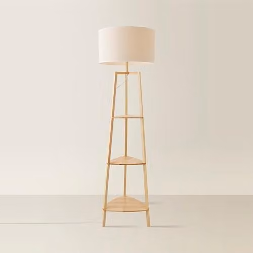 ValueLights Hiru 3 Tier Wooden Shelf Floor Lamp with White Fabric Drum Shade