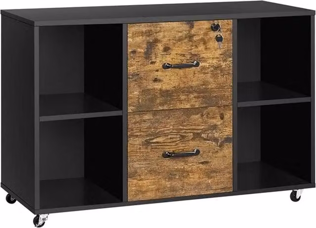 VOGREX Black and Rustic Brown Mobile File and Printer Stand for Home Office – 1