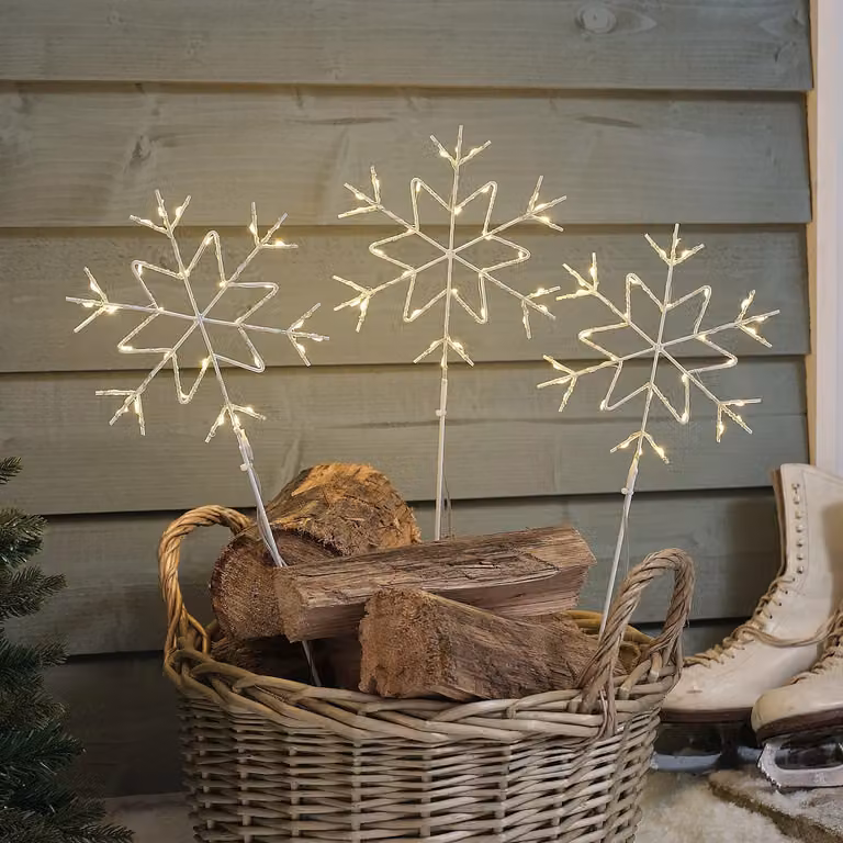 3 White and Silver Snowflake Micro LED Garden Stake Lights with Timer