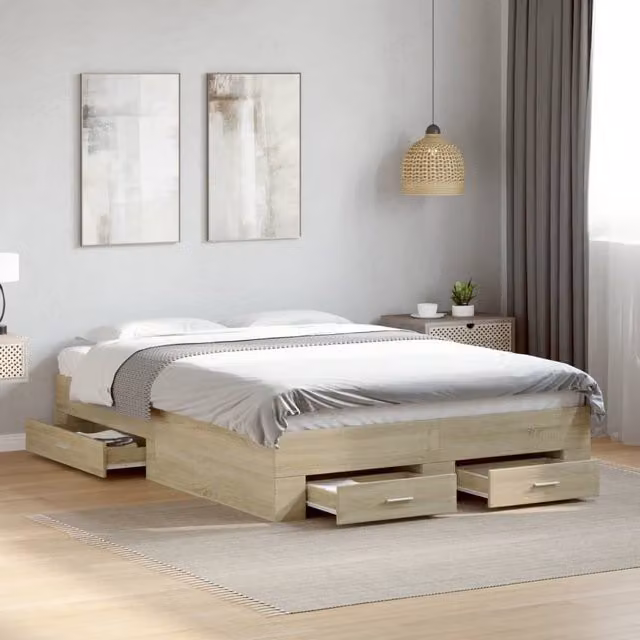 Berkfield Home Sonoma Oak Bed Frame with Drawers in Brown, W/D/H: 140 x 190 cm – 1