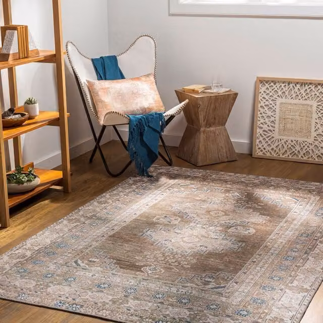 Livabliss Washable Vintage Boho Living and Dining Rug in Brown, Grey and Blue, W: 200 cm, D: 275 cm