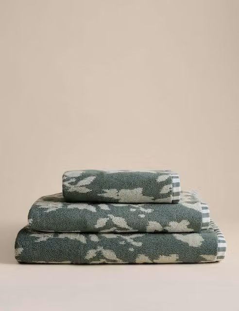 M&S Fluffy Pure Cotton Floral Towel in Smokey Green