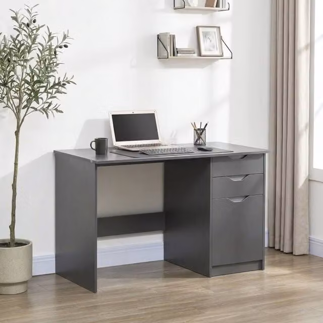 STILVORA Grey Glossy Modern Computer Desk with Drawer Unit, W: 120 cm, D: 60 cm, H: 76 cm – 1