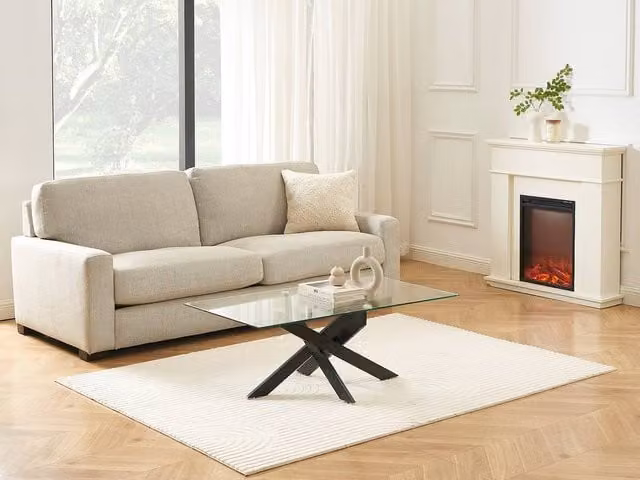 COSIMA Round Tempered Glass and Black Metal Coffee Table with Transparent Top, W: 60 cm, D: 60 cm, H: 44.5 cm