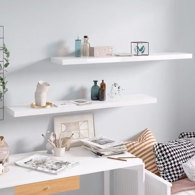 Berkfield Home Set of 2 Floating Wall Shelves in High Gloss White MDF, W: 120 cm, D: 23.5 cm, H: 3.8 cm