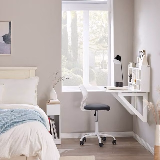SoBuy Minimalist Wall-Mounted Folding Writing Desk with Integrated Shelf in White – 1
