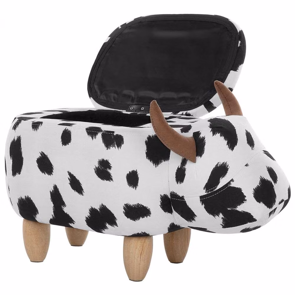 Wyld and Coco Cow Print Storage Stool in White and Black Faux Leather with Rubberwood Legs – 4